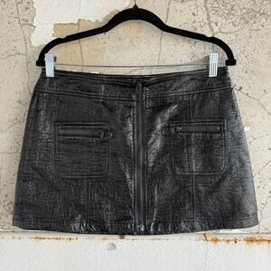 Y2K Mini Skirt Black Faux Leather Crinkle Zip Front Pockets Womens 9 Grunge Moto
